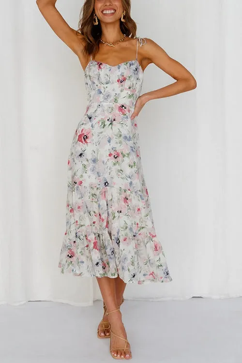 Floral Tie Straps Ruffles Midi Dress