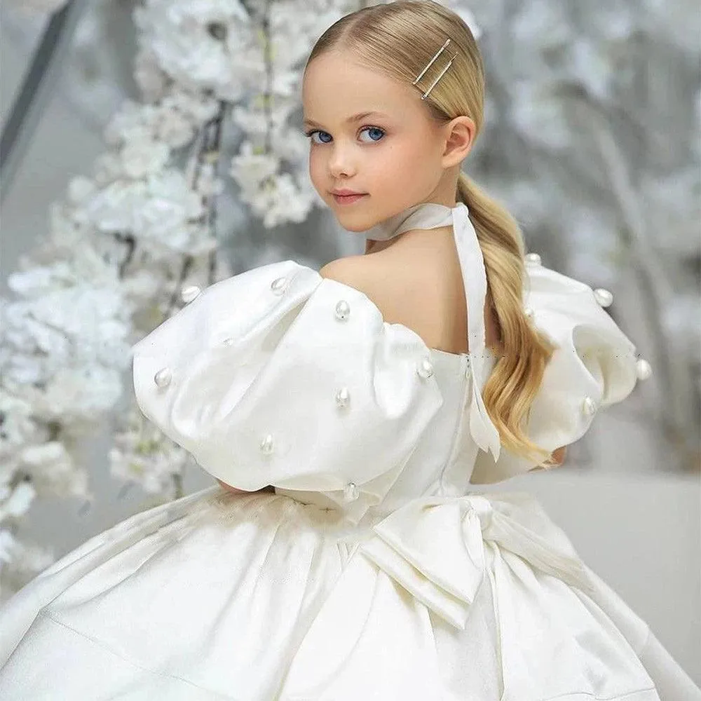 Flower Girl Dress: Scoop Neck, Short Sleeves, Puff Skirt - Ideal for Wedding, Kids' Christmas Ceremonies, and Parties