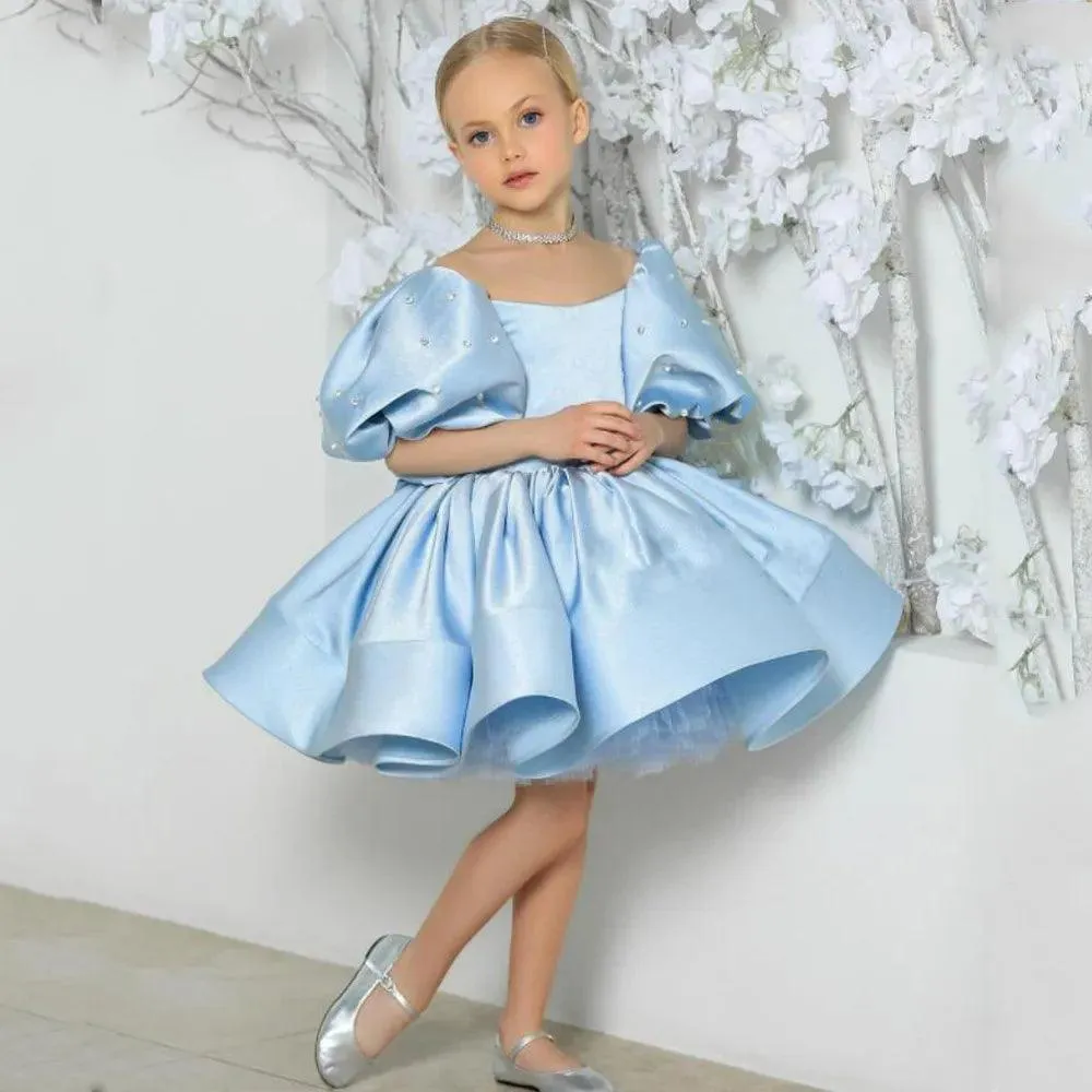 Flower Girl Dress: Scoop Neck, Short Sleeves, Puff Skirt - Ideal for Wedding, Kids' Christmas Ceremonies, and Parties