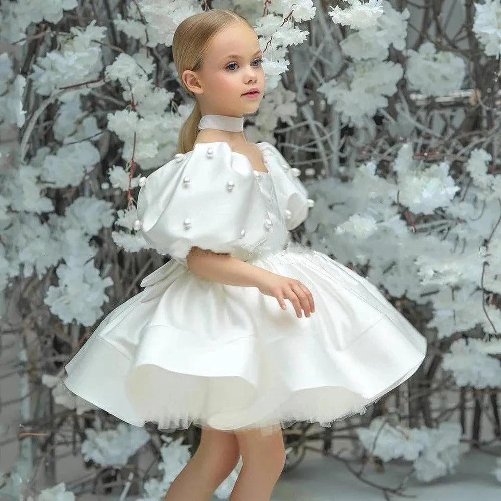 Flower Girl Dress: Scoop Neck, Short Sleeves, Puff Skirt - Ideal for Wedding, Kids' Christmas Ceremonies, and Parties