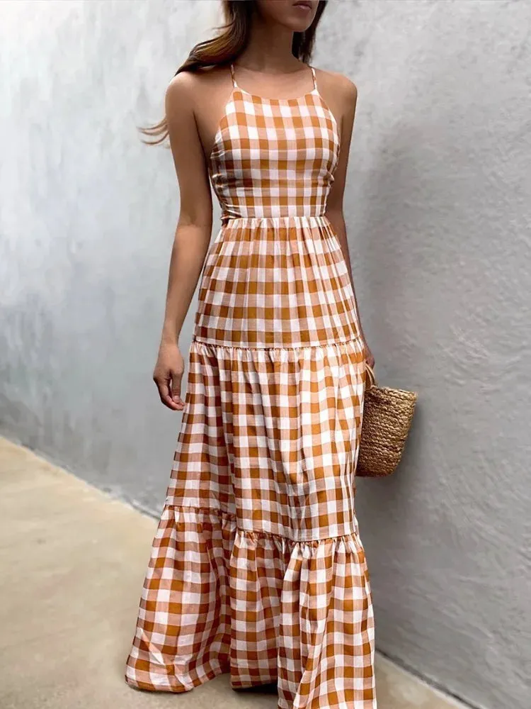 Girlary Fashion Bohemian Style Print Beach Dresses For Women Sleeveless Sexy Backless Maxi Sling A-line Dress Casual Party Vestidos 2024