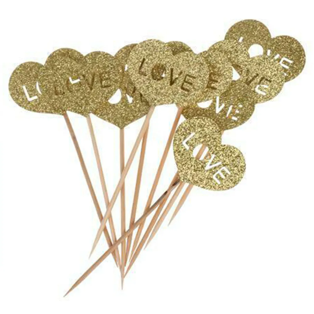 Gold Glitter Heart Shape "Love", Pack of 10 Cupcake Toppers