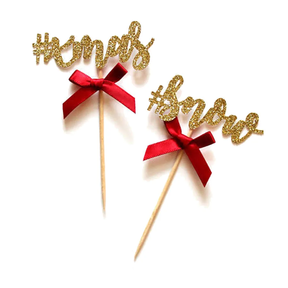 Gold Glitter "Xmas" & "#Snow" with Red Ribbon, Pack of 6 Cupcake Toppers