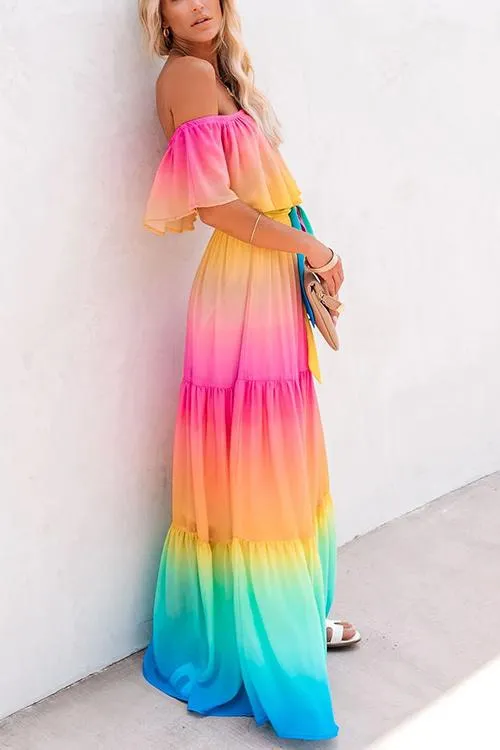 Gradient Off Shoulder Belted Maxi Dress