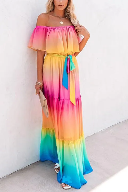 Gradient Off Shoulder Belted Maxi Dress