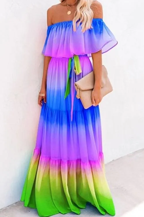 Gradient Off Shoulder Belted Maxi Dress