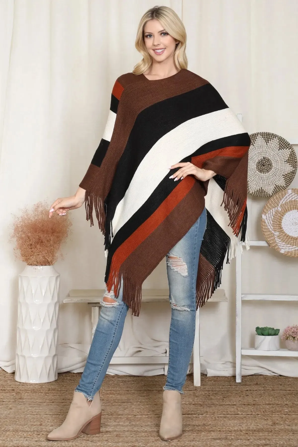 Hdf2099 - Color Block Fringe Poncho