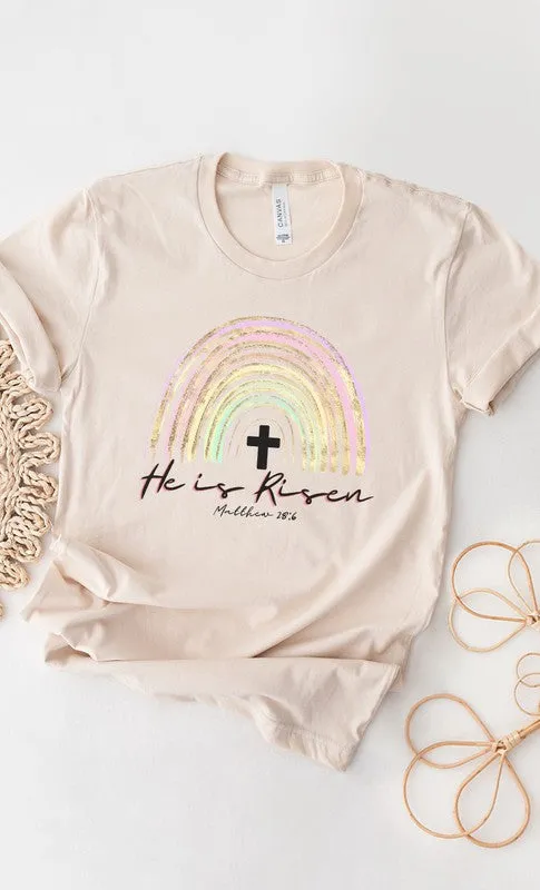 He Is Risen Easter Glitter Rainbow Graphic Tee