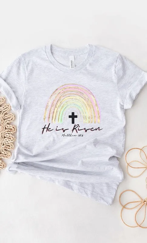 He Is Risen Easter Glitter Rainbow Graphic Tee