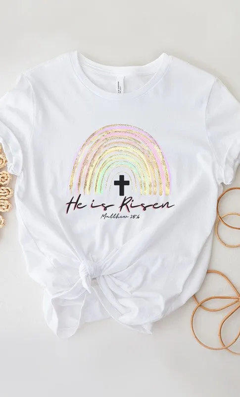 He Is Risen Easter Glitter Rainbow Graphic Tee