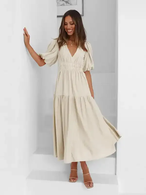 Holiday Style Deep V Puff Sleeve Dress