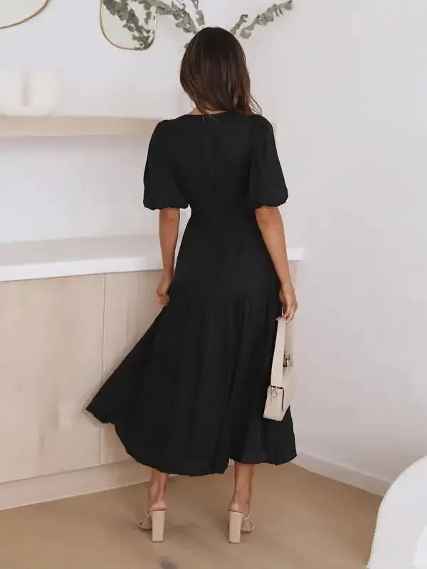 Holiday Style Deep V Puff Sleeve Dress