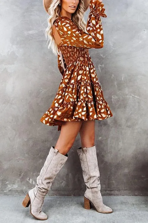 Hot Stamping Ruffles Elastic Puff Sleeve Mini Dress