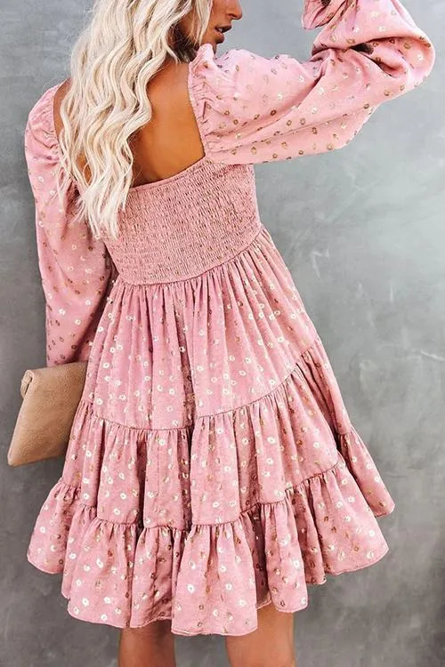 Hot Stamping Ruffles Elastic Puff Sleeve Mini Dress