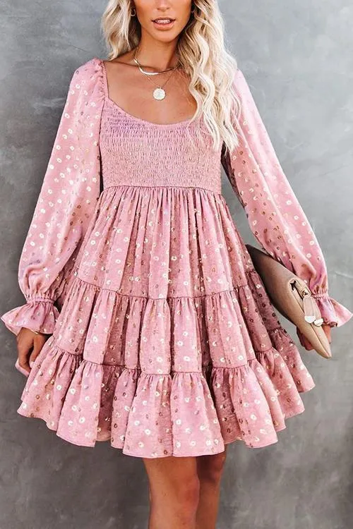 Hot Stamping Ruffles Elastic Puff Sleeve Mini Dress