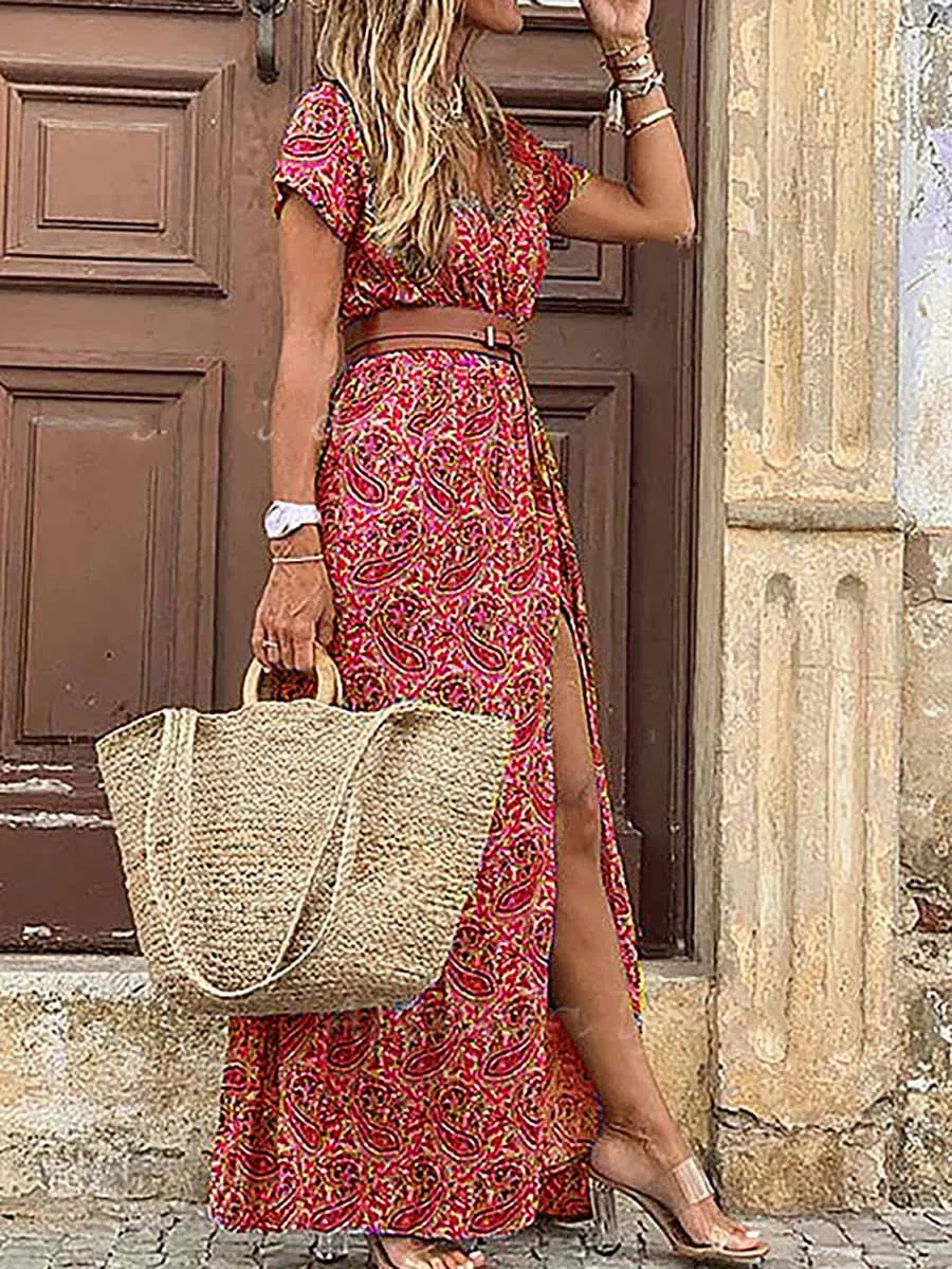 iForgirls Boho Style V-neck Floral Belt Dress (7 colors)