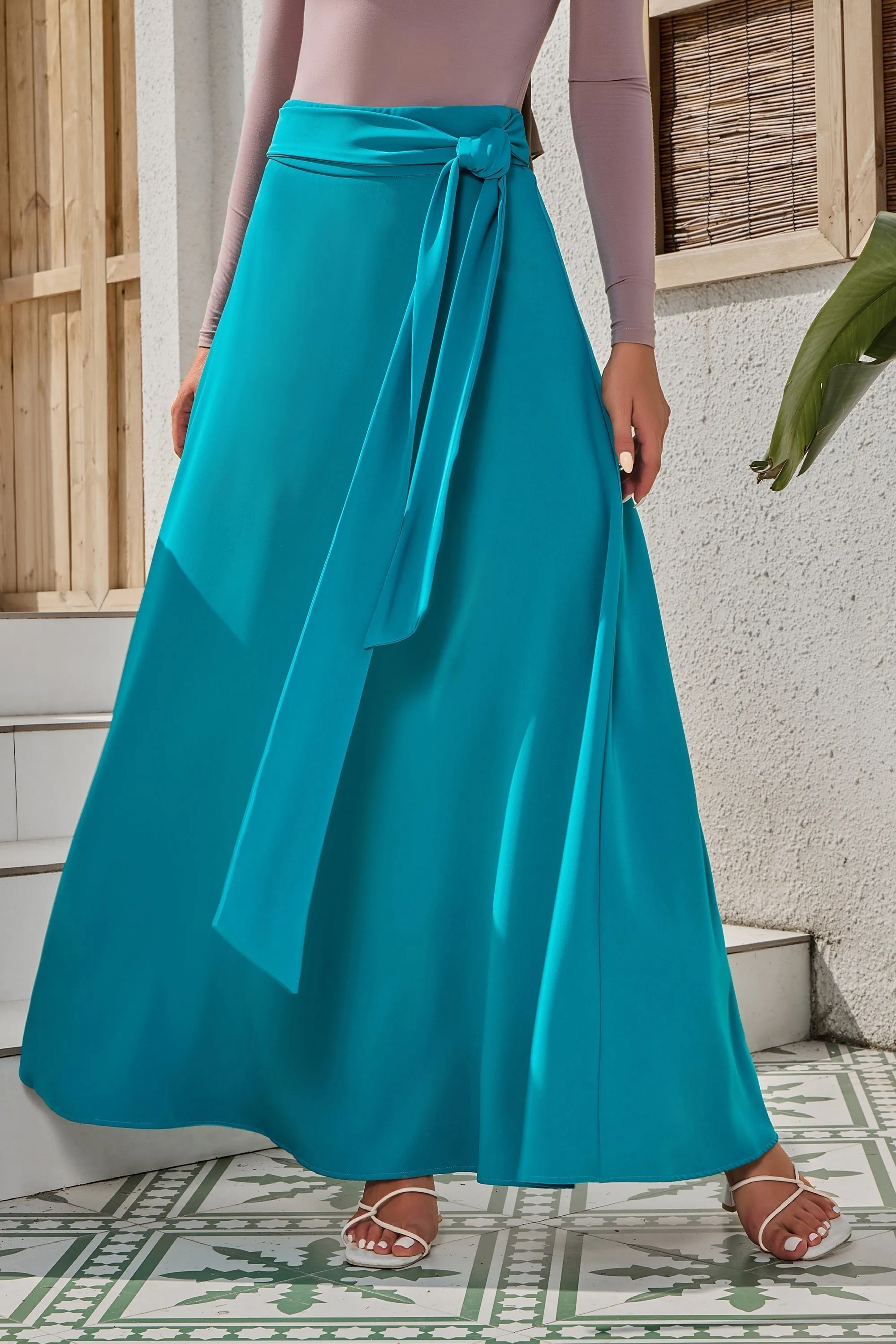 Jade Green Flowy Tie-Belt Maxi Skirt