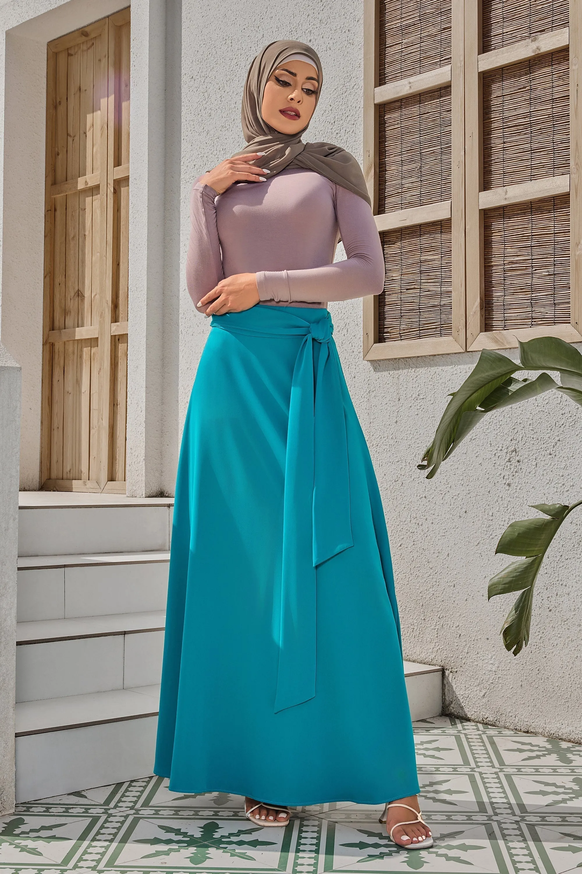 Jade Green Flowy Tie-Belt Maxi Skirt