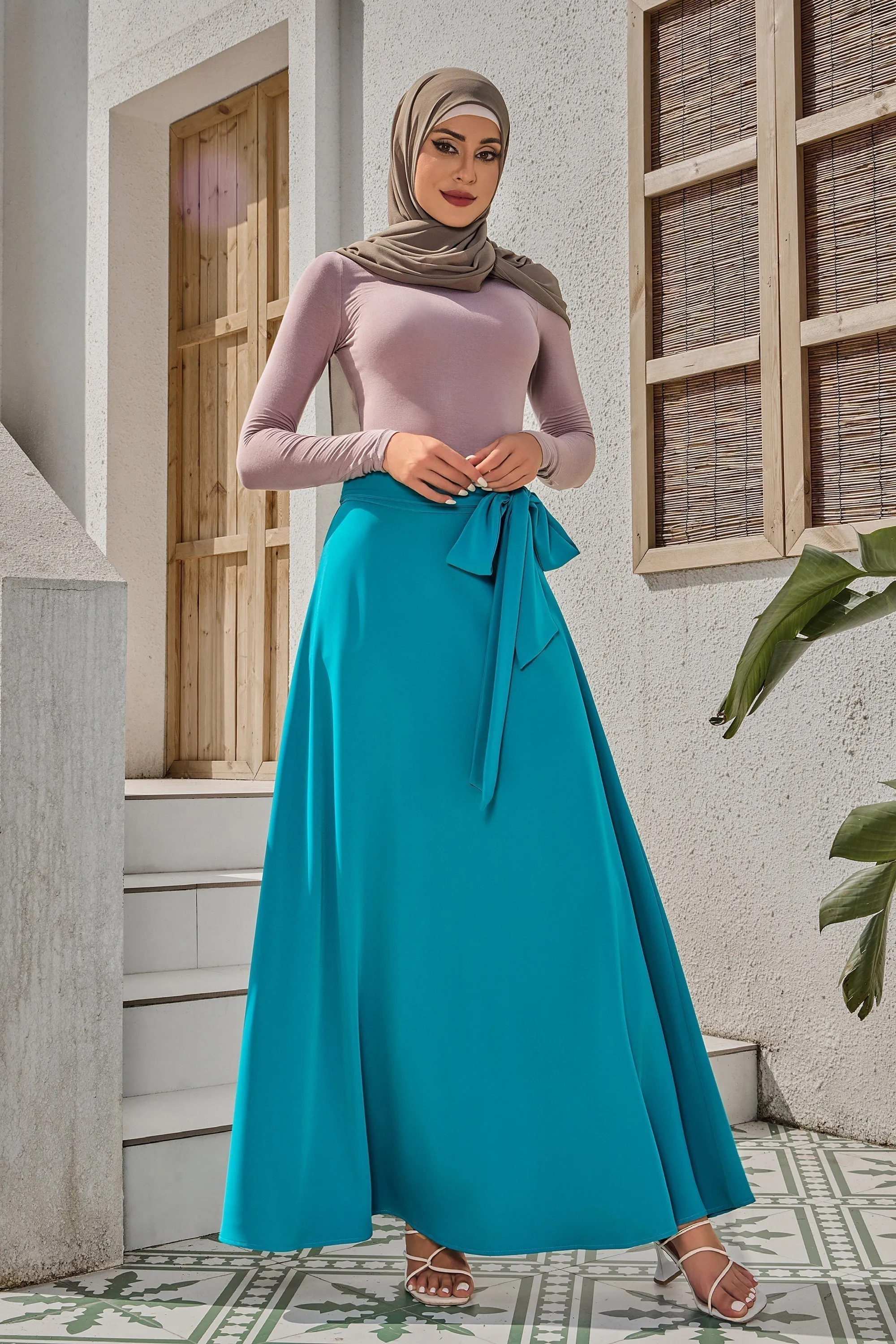 Jade Green Flowy Tie-Belt Maxi Skirt