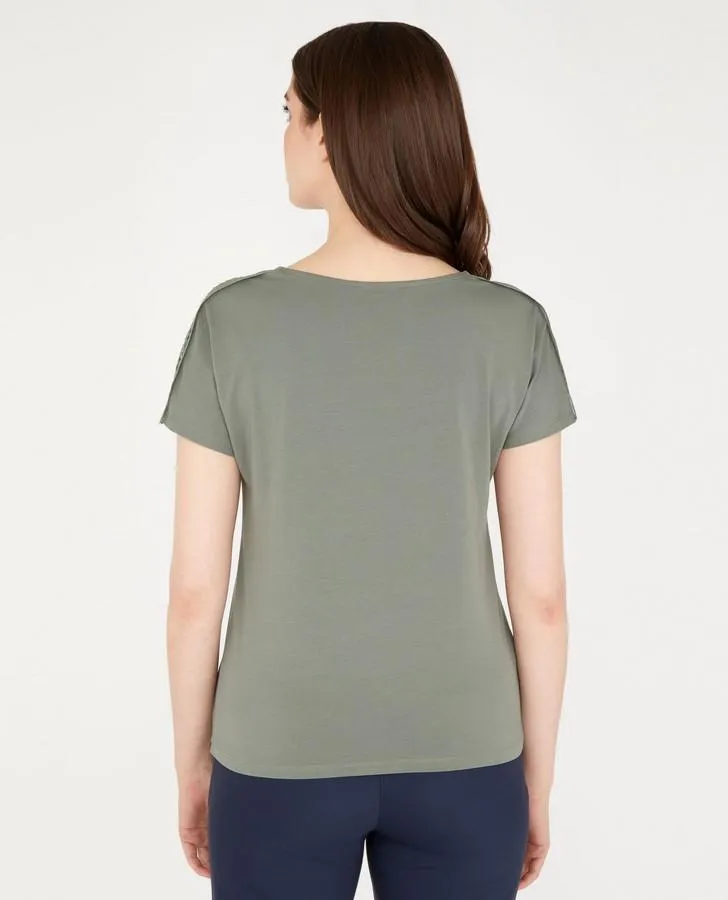 Khaki Green Slash Neck Eyelash Trim Top