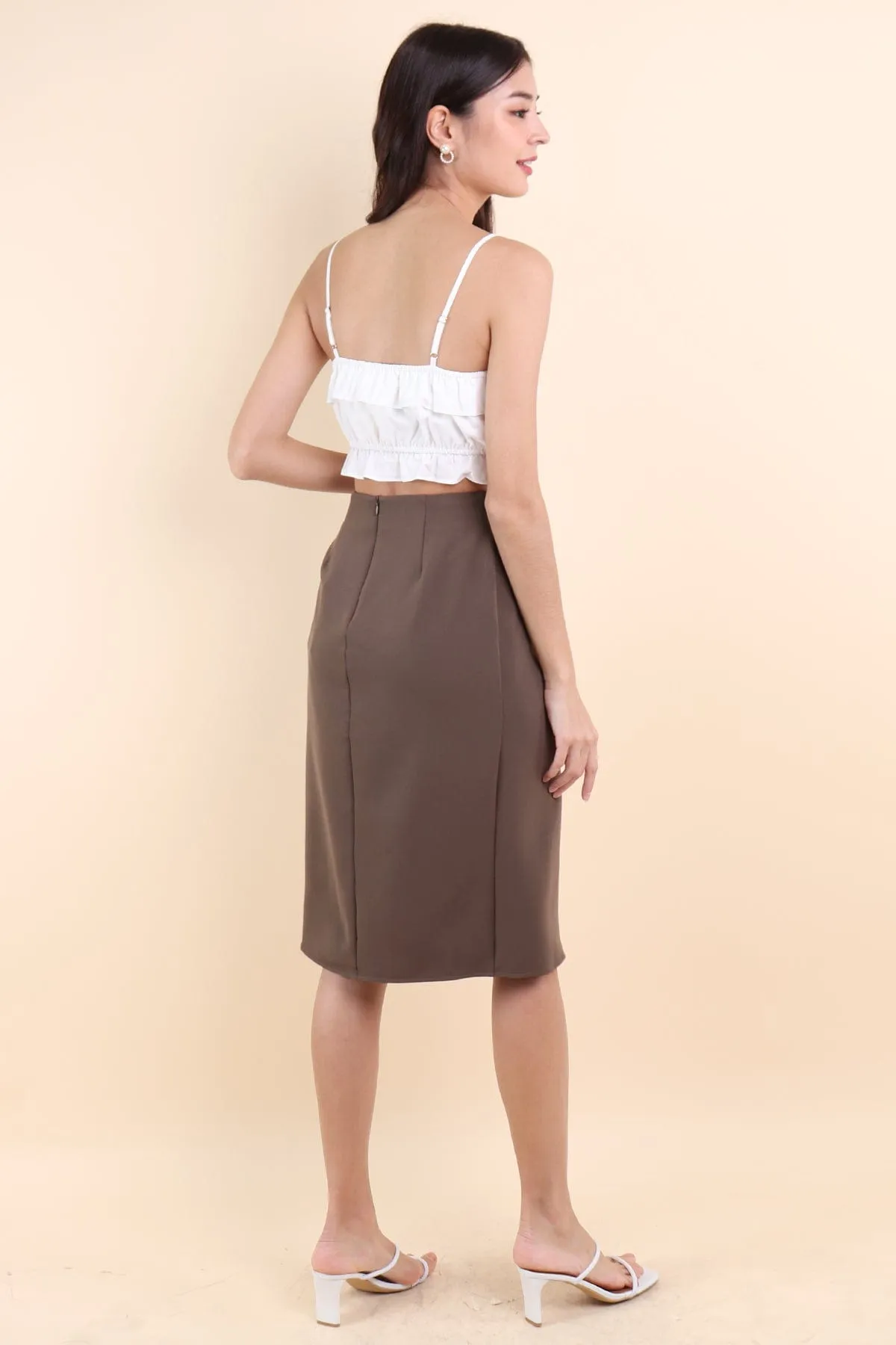 KINSLEY ASYMMETRICAL MIDI SKIRT IN ARMY KHAKI