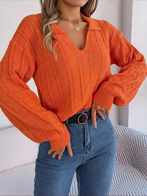 Long Sleeves Loose Solid Color Lapel Pullovers Sweater Tops