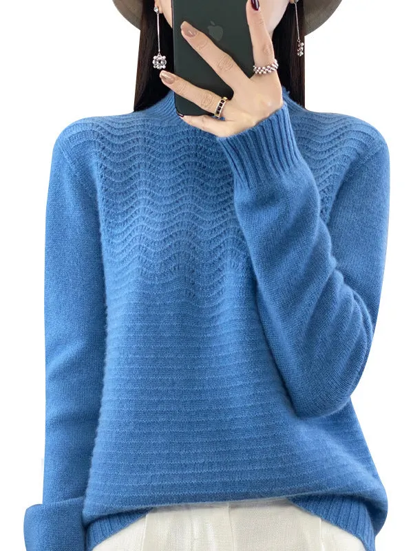 Long Sleeves Loose Solid Color Mock Neck Pullovers Sweater Tops