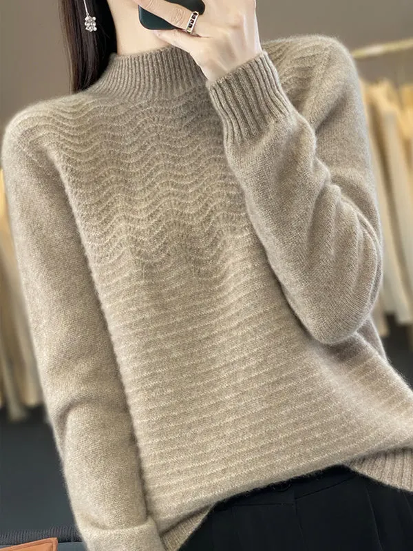 Long Sleeves Loose Solid Color Mock Neck Pullovers Sweater Tops