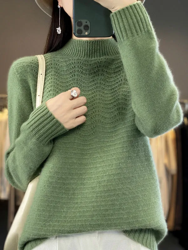 Long Sleeves Loose Solid Color Mock Neck Pullovers Sweater Tops