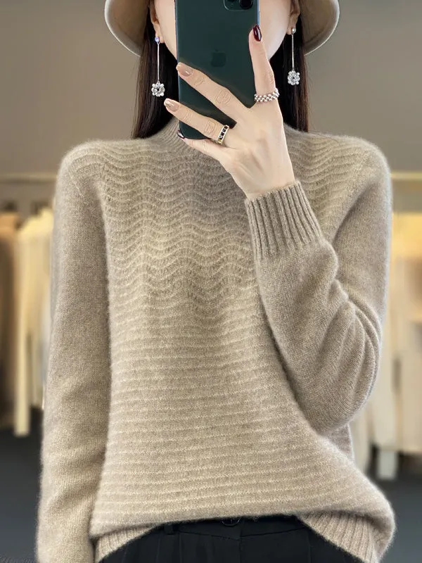 Long Sleeves Loose Solid Color Mock Neck Pullovers Sweater Tops