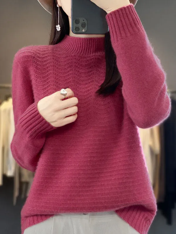 Long Sleeves Loose Solid Color Mock Neck Pullovers Sweater Tops