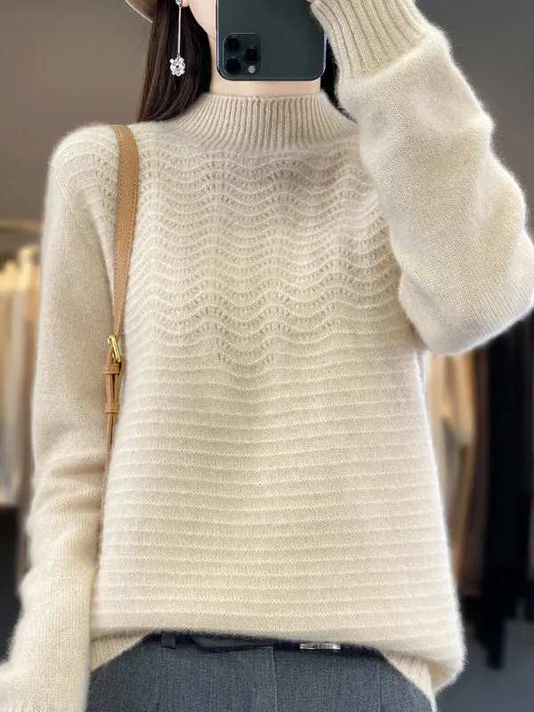 Long Sleeves Loose Solid Color Mock Neck Pullovers Sweater Tops