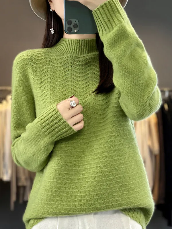 Long Sleeves Loose Solid Color Mock Neck Pullovers Sweater Tops