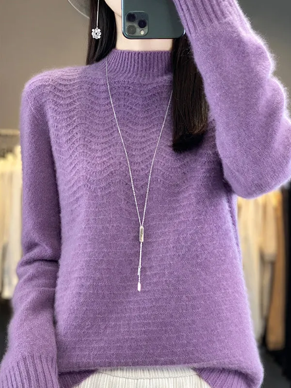 Long Sleeves Loose Solid Color Mock Neck Pullovers Sweater Tops