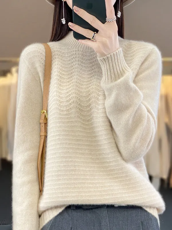 Long Sleeves Loose Solid Color Mock Neck Pullovers Sweater Tops