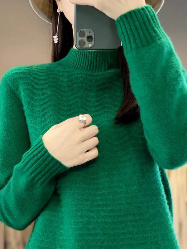 Long Sleeves Loose Solid Color Mock Neck Pullovers Sweater Tops