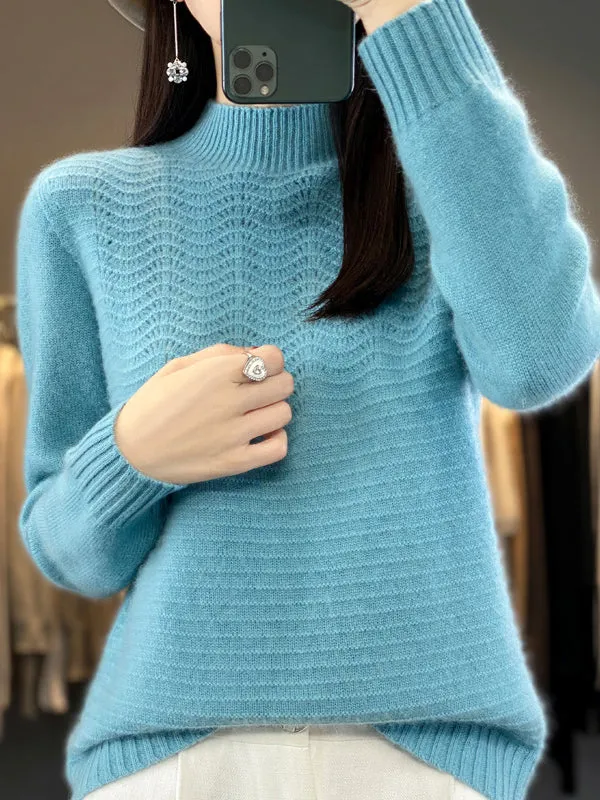 Long Sleeves Loose Solid Color Mock Neck Pullovers Sweater Tops