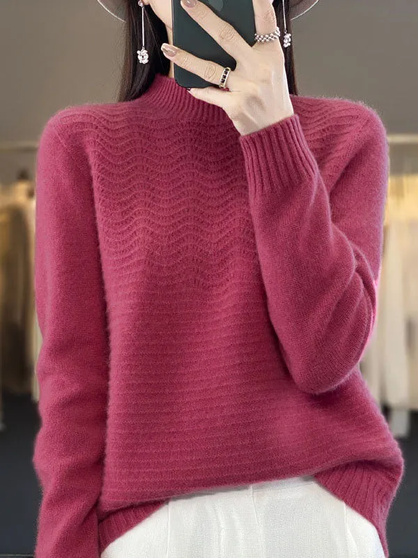 Long Sleeves Loose Solid Color Mock Neck Pullovers Sweater Tops