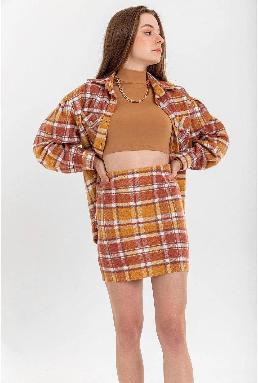 Lumberjack Fabric Mini Length Slim Fit Striped Women's Skirt - Mustard