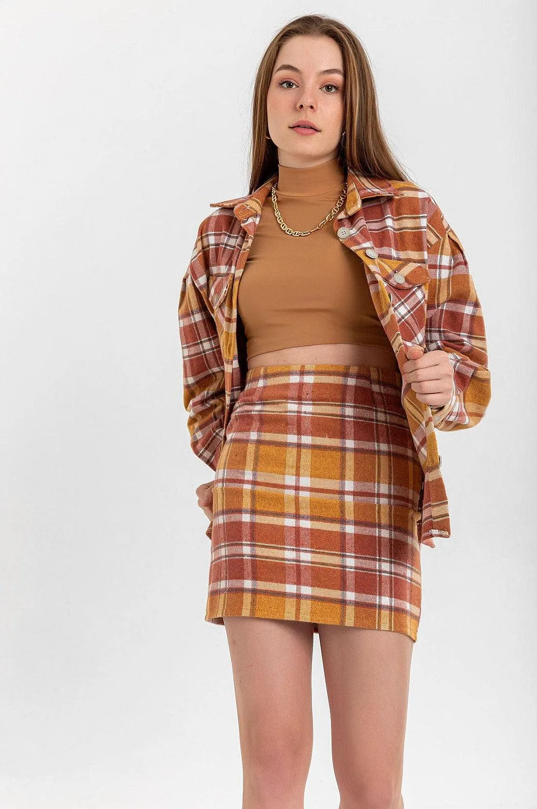 Lumberjack Fabric Mini Length Slim Fit Striped Women's Skirt - Mustard