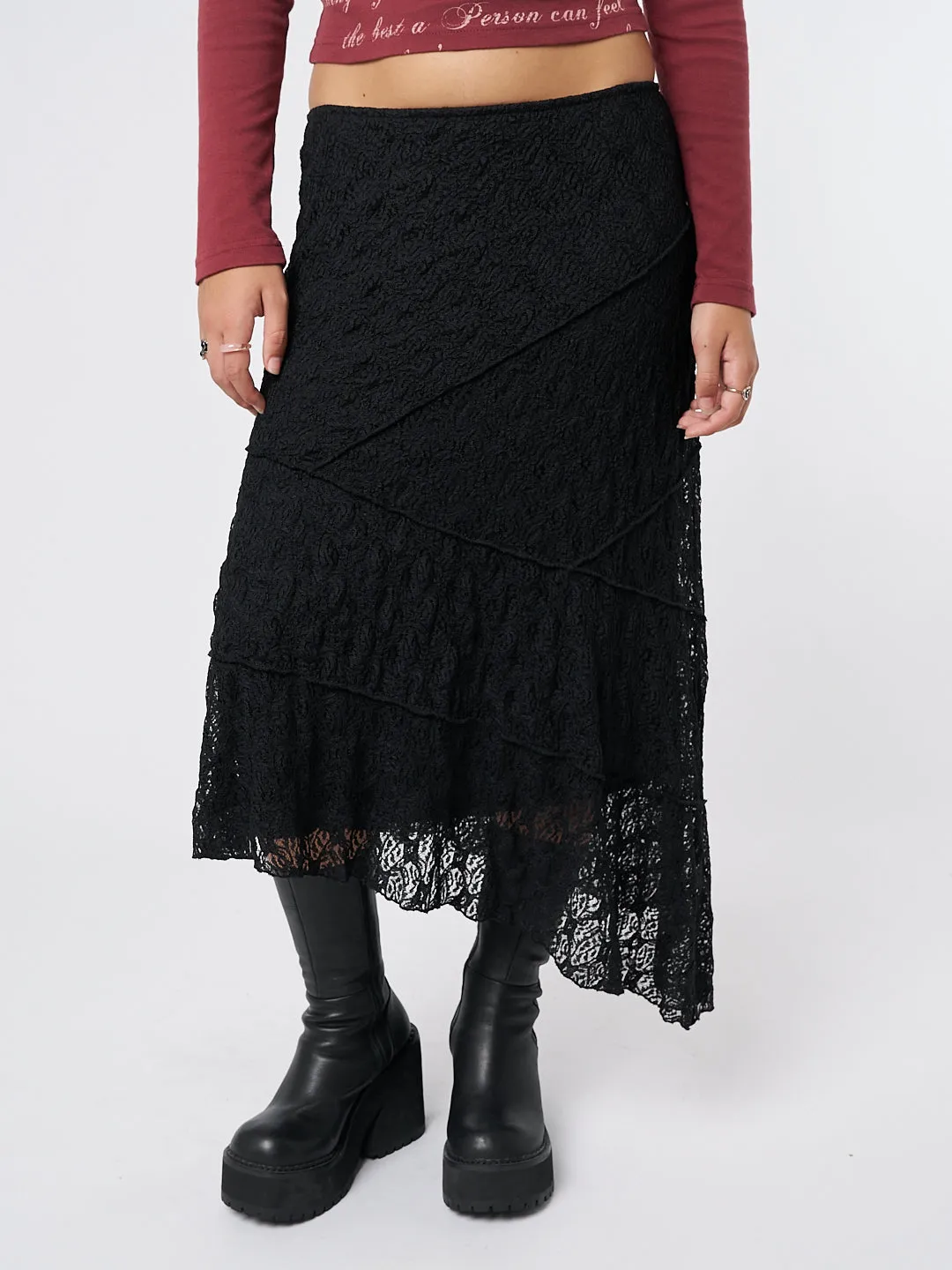 Elegant Nolia Black Lace Asymmetric Midi Skirt for Women