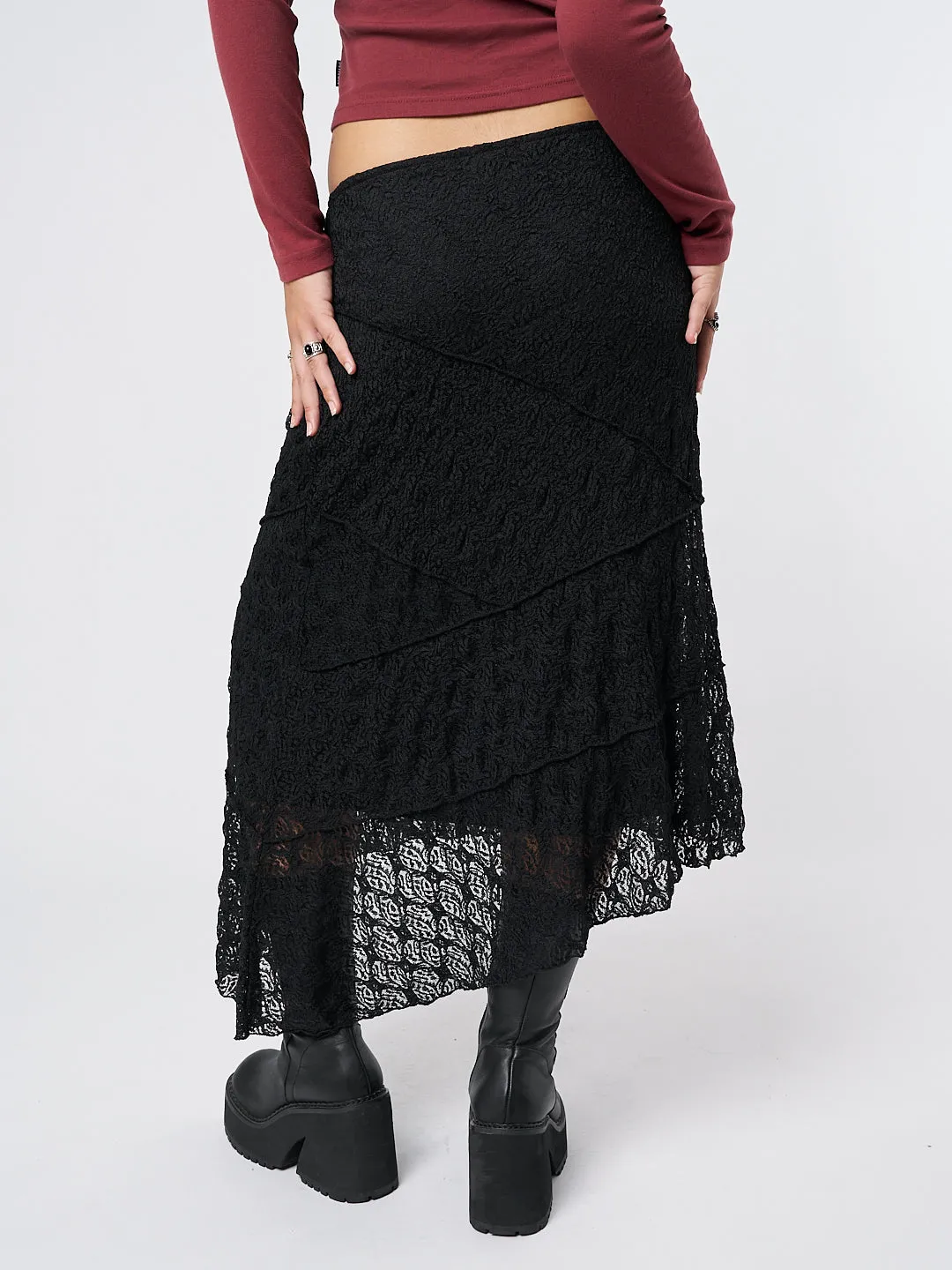 Elegant Nolia Black Lace Asymmetric Midi Skirt for Women