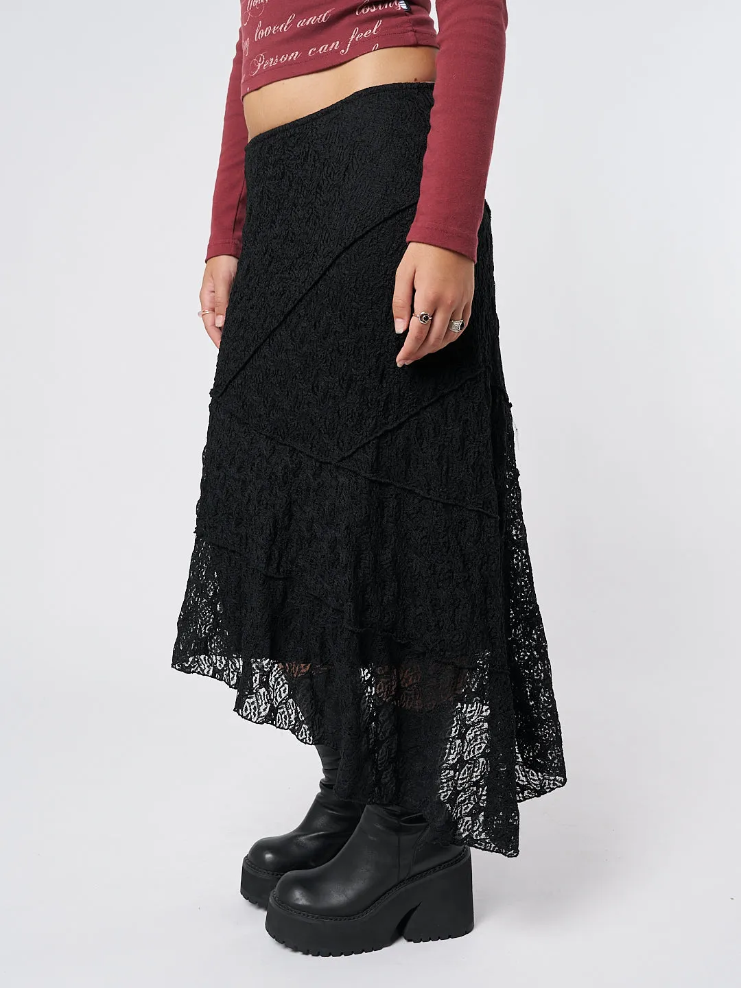 Elegant Nolia Black Lace Asymmetric Midi Skirt for Women