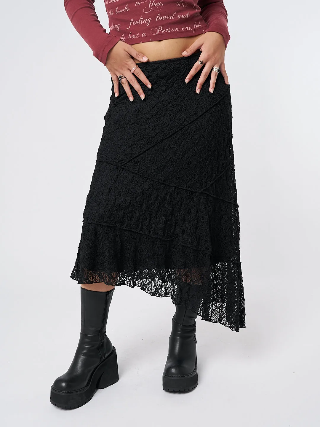 Elegant Nolia Black Lace Asymmetric Midi Skirt for Women