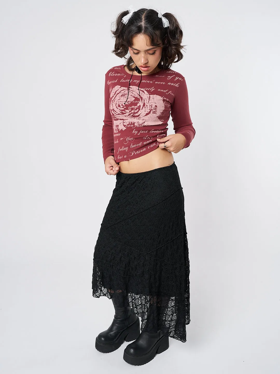 Elegant Nolia Black Lace Asymmetric Midi Skirt for Women