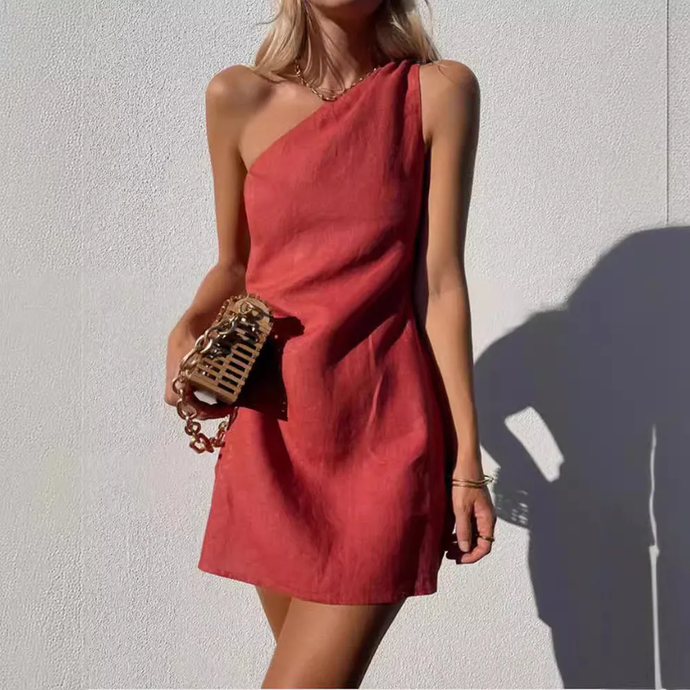 Oblique Shoulder Mini Dress