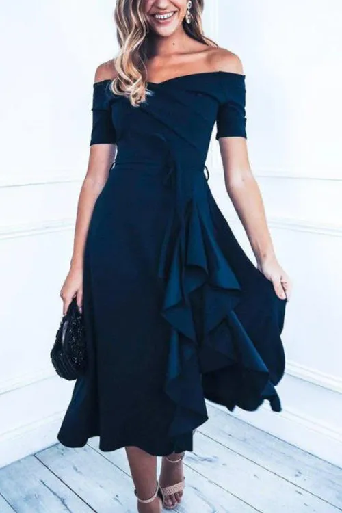 Off Shoulder Frill Belted Midi Dress