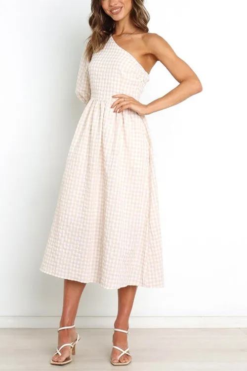 Plaid Puff One Shoulder Midi Dress