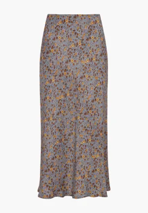 Poppy Bias Cut Aster Print Midi Skirt In Grey