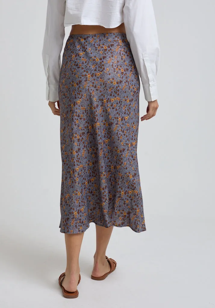 Poppy Bias Cut Aster Print Midi Skirt In Grey